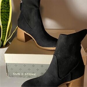 Sun + Stone Black Ankle Booties with Tan Heel